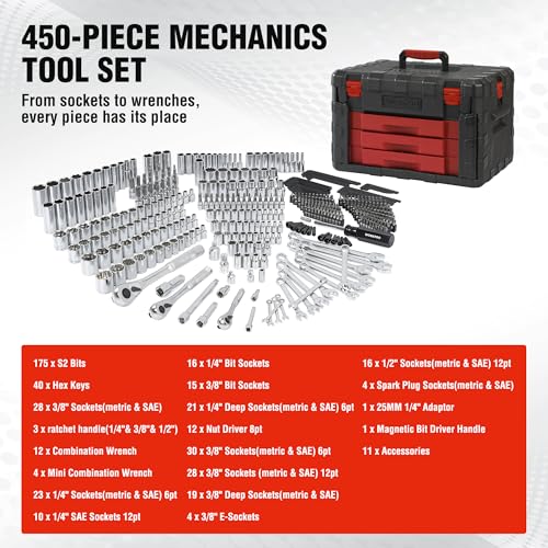 WORKPRO 450-Piece Drive Socket Set 1/2" 1/4" 3/8", CR-V Metric and Imperial with Quick-Release Ratchet Wrench, Spanners, Bits Set, Mechanics Tool for Car Repair