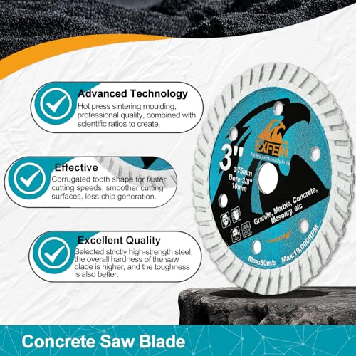 Diamond Blades 3" x 3/8" 4pcs for Granite Marble Hard Artificial Stone Natural Stones, 3 Inch Cutting Discs Diameter 75mm Arbor 10mm - size: Turbo(for granite)