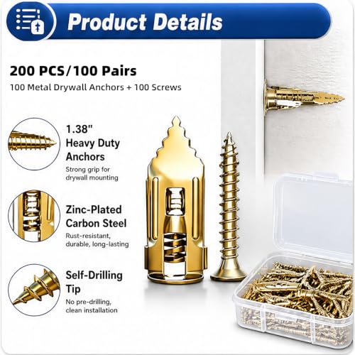 200Pcs Self Drilling Drywall Anchors with Screws Kit, No Drill Needed