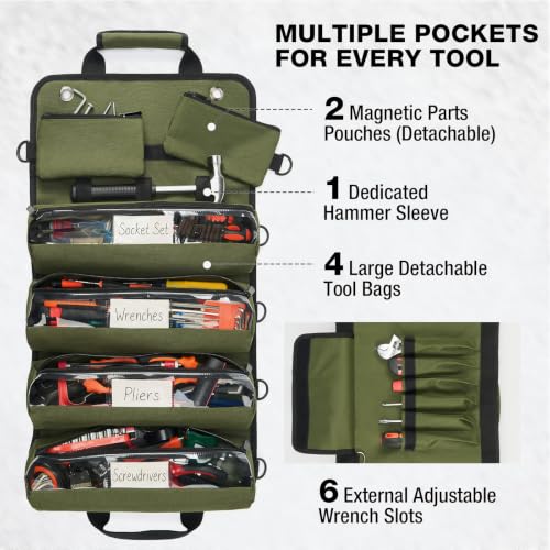 HISEA Roll Up Tool Bag Organizer, 27"*14" Portable Heavy Duty Tool Roll Bag - color: Green