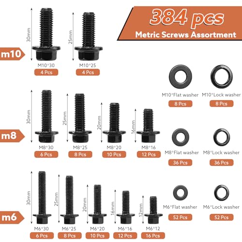 384-Piece Metric Flange Bolt Kit, M6 M8 M10, Black Alloy Steel - color: Black, size: M6 M8 M10 -384Pcs