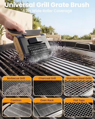 Cordless Electric Grill Brush with LED Light and Front Scraper, Gold - color: Gold