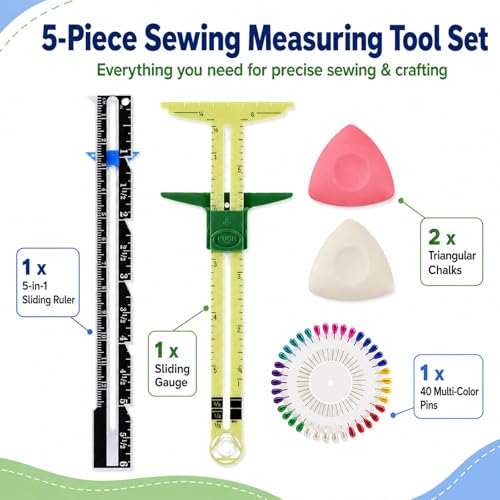Sewing Gauge Measuring Tool Set, 5-in-1 Sliding Marker & Seam Gauge Ruler | Acrylic T-Shaped Quilting Ruler Set, Essential Sewing & Quilting Tools for Hemming, Buttonhole Marking & Crafting 5Pcs Yellow - color: Yellow