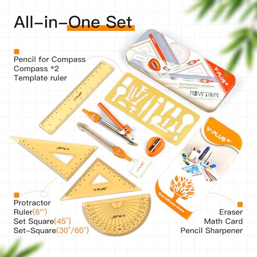 YPLUS Geometry Set, Protractor and Compass Set for Students, 11Pcs - size: 1 Count (Pack of 11)