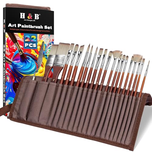 H & B 22 Pcs Artist Paint Brush Set for Acrylic Watercolor & Oil Painting - color: Brown