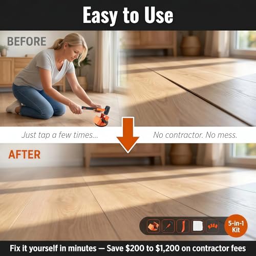 Floor Gap Fixer Tool, Fix Laminate LVP & Vinyl Plank Floor Gaps Without Contractor, Heavy Duty 45° Double-Sided Strike, 5-in-1 Complete Kit with Silicone Suction Cup, Rubber Mallet & Slot Cutter