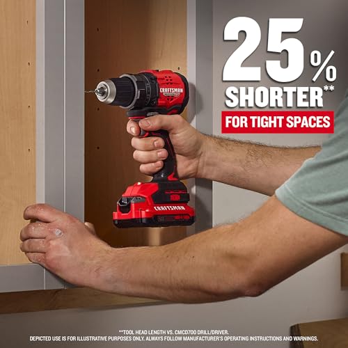 CRAFTSMAN V20 BRUSHLESS RP Compact Drill/Driver, Variable Speeed Trigger, Built In LED, Includes Battery and Charger (CMCD714D1)