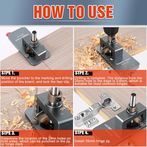 Metal Concealed Hinge Jig, 35MM Cabinet Hinge Jig Drilling Hole Puncher with Quick Clamp， Accurate Hinge Drill Jig Woodworking Tool for Doors Cabinets Hinges Mounting (Gray) - color: Gray