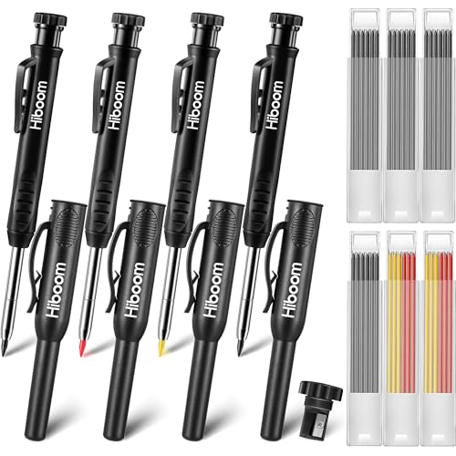Hiboom 4 Pack Carpenter Pencil with 36 Refills Built In Sharpener (Black) - color: Black