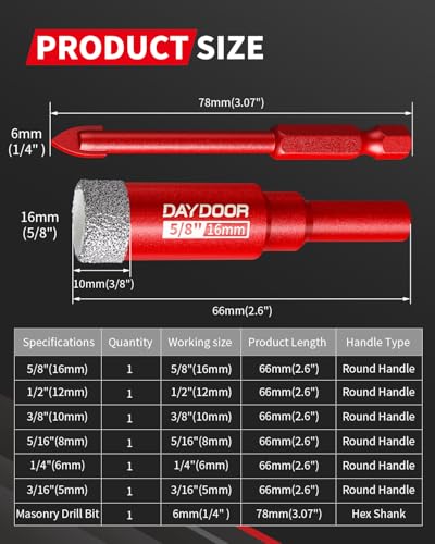 DAYDOOR Dry Diamond Drill Bits, 3/16" 1/4" 5/16" 3/8" 1/2" 5/8" Drill Bits - size: 3/16", 1/4", 5/16", 3/8", 1/2", 5/8"