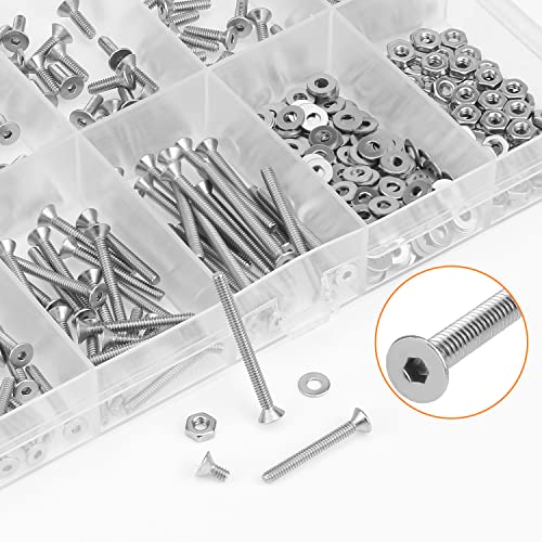 HELIFOUNER 250 Pieces #2-56 x 3/16" 1/4" 5/16" 3/8" 1/2" 5/8" 3/4" 1", Countersunk Head Socket Cap Screws Bolts Washers Nuts Kit, Coarse Thread, Fully Machine Threaded, 304 Stainless Steel - size: #2-56, style: Countersunk Head