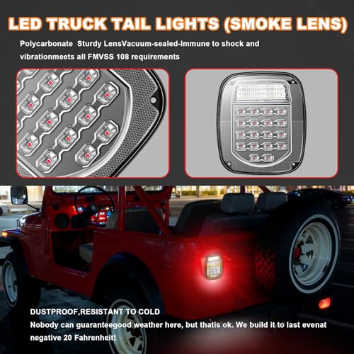 38 LED Black Lens Tail Lights for Jeep Wrangler YJ TJ CJ, Truck, Trailer, Boat, RV - Brake, Turn, Stop, License, Reverse, 12V Stud Mounted, Waterproof, Pack of 2