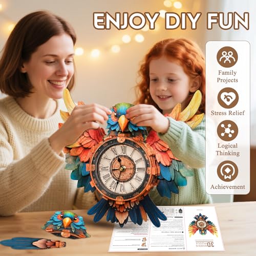 3D Wooden Puzzles for Adults-Parrot Clock Puzzle-Adult Crafts - color: Parrot Clock