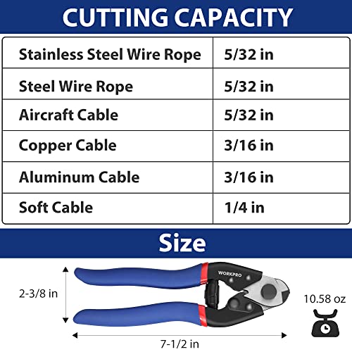 WORKPRO Cable Cutter, 7-1/2 Inch Heavy Duty Wire Rope Cutter | Chrome Vanadium Steel, Safety Lock, Non-Slip Handle for Hard Wire Ropes, Steel Wires and Aircraft Cables