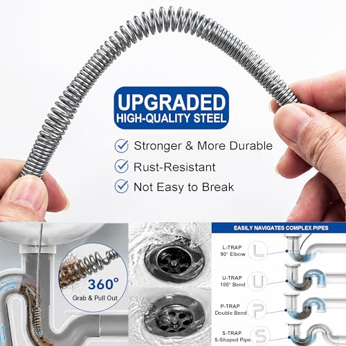 33 FT Drain Snake Auger, Heavy Duty Plumbing Snake for Sink, Tub and Shower | Flexible Hair Clog Remover Kit with Gloves | Manual Drain Cleaning Tool for Bathroom and Kitchen (8-Piece Set)