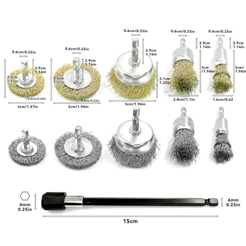 Daily Treasures 10 Pack Wire Wheel Cup Brush Set for Drill Abrasive with 1/4" Hex Shank,Extension Rod for Safty,Brass Coated Crimped Drill Sanding Attachment，Metal Brush for Drill Rust Removal