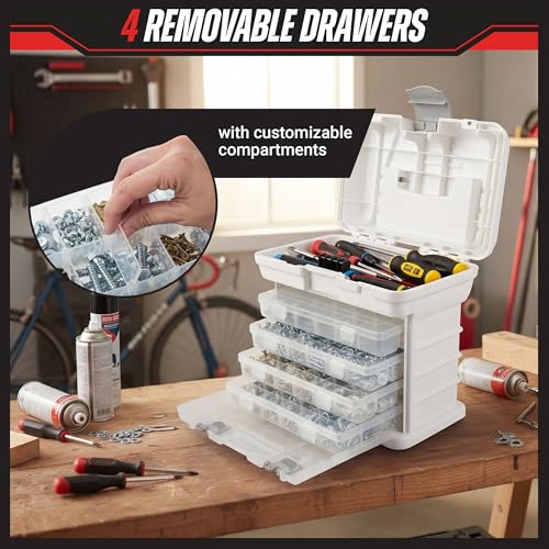 Stalwart Portable Tool Box Small Parts Organizer with Drawers, White