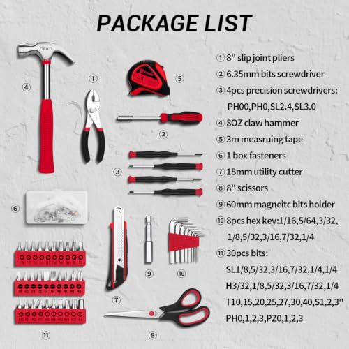 DEKOPRO 50 Piece General Household Hand Tool Kit with Plastic Toolbox Storage Case, All Purpose Home Tool Kit Includes Essential Tools for Office College Repairs - Red - color: Red-50pcs