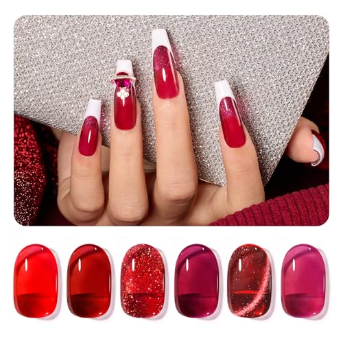 Beetles Red Gel Nail Polish Set, 6 Colors Jelly Gel Polish with Magnet - color: A - Red Jelly | Red Revival