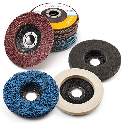 LotFancy Flap Disc 4 1/2 inches, 11 Grinding Polishing Discs Set for Angle Grinder, 40 60 80 120 Grit Assorted Pack, Sanding Wheels, Strip Disc, Nylon & Felt Polishing Disc Kit - style: 11 Pack Set
