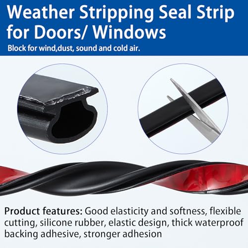 QDiShi Black Rubber D-Shape Weather Stripping Door Seal Strip 0.39x0.23 Inch, Self-Adhesive Soundproofing Gap Draft Stopper for Door Frame, Window, Noise Reduction(20FT)