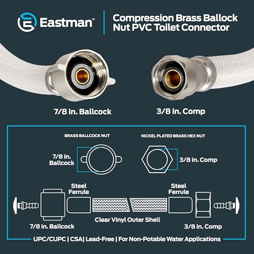 Eastman 12 Inch Flexible Toilet Connector, 7/8 Inch Ballcock x 3/8 Inch Compression Inlet Connection, 48145 - size: 12 in.