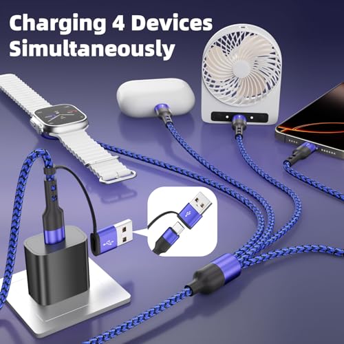 4 IN 2 Multi Charging Cable with 3 USB-C/iWatch Charger, Travel Essentials - color: Purple, size: 2Pack 5FT