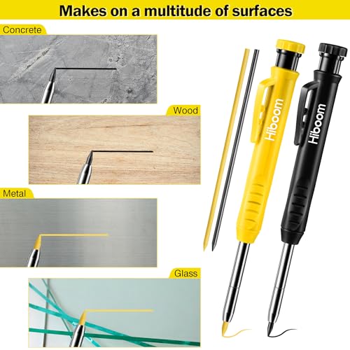 Hiboom 2 Pack Mechanical Deep Hole Carpenter Pencil, 14 Refills - color: Black, Yellow