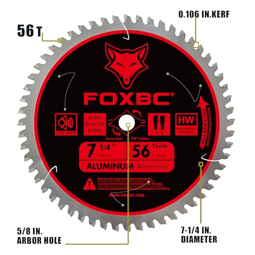 FOXBC 7-1/4 inch Aluminum Cutting Saw Blade 56T, Cutting for Non-Ferrous Metal & Plastic with 5/8-Inch Arbor
