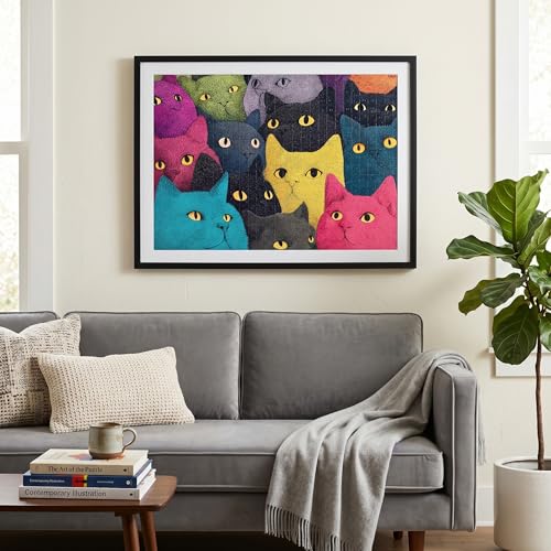 1000 Piece Puzzle for Adults, Colorful Whimsical Cat Faces Illustration - color: Rainbow Cats Squad