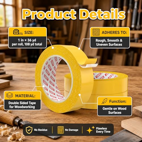 SWRT Double Sided Woodworking Tape, 1 in x 108 ft Each, 3 Rolls Strong Hold