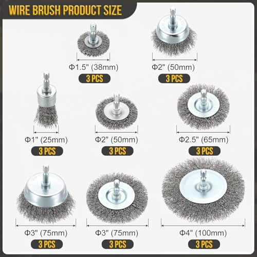 DTGN 24 Pcs Wire Wheel Cup Pen Brush Set for Drill, 1/4 Inch Hex Shank,1-4" - size: 1-4inch