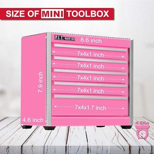 P.I.T. Mini Tool Box,Small Metal Toolbox Organizer with 5 Drawers,Pink | 8.6"W X 4.6"D Cute Size,Q235 Steel,Magnetic Locking Mechanism,PVC Drawer Liners - color: Pink, size: 5-Drawer