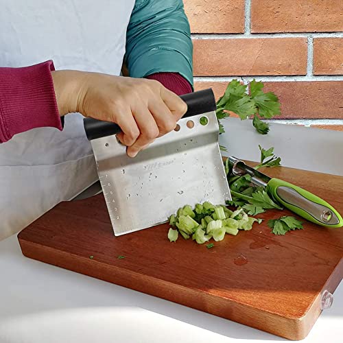 ALLTOP Bench Scraper & Chopper with Herb Stripper,Stainless Steel Multipurpose Kitchen Baking Tool for Bread Dough Pastry Cake -Leaf Remover with Plastic Handle &Upgraded Protective Cover - color: Black Plastic Handle