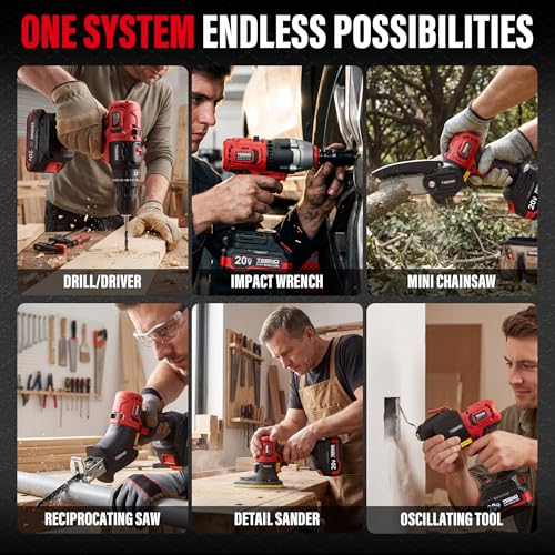 TEENO Brushless Power Tool Combo Kit, 6-in-1 Cordless Interchangeable Multi-Tool Set (Drill, Impact Wrench, Oscillating Tool, Reciprocating & Chain Saws, Sander), 3Ah Battery, USB Adapter & Hard Case - color: Red