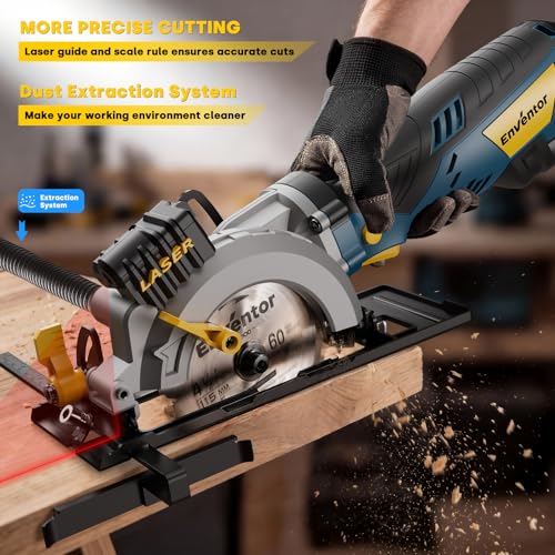 Enventor Mini Circular Saw with Laser Guide, 6 Blades 4-1/2", 5.8A Corded | 3500 RPM, Max Cut 1-11/16 in at 90° and 1-1/8 in at 45°, Dust Port, Vacuum Adapter for Soft Metal, Wood, Tile Cutting