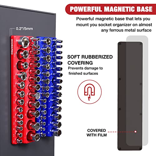 WORKPRO 3/8-inch Magnetic Socket Organizer Set, 2-Piece SAE & Metric Socket Holders, Holds 56 Standard and Deep Sockets for Tool Box, Tool Carts (Sockets Not Included) - size: 3/8" SAE&Metric