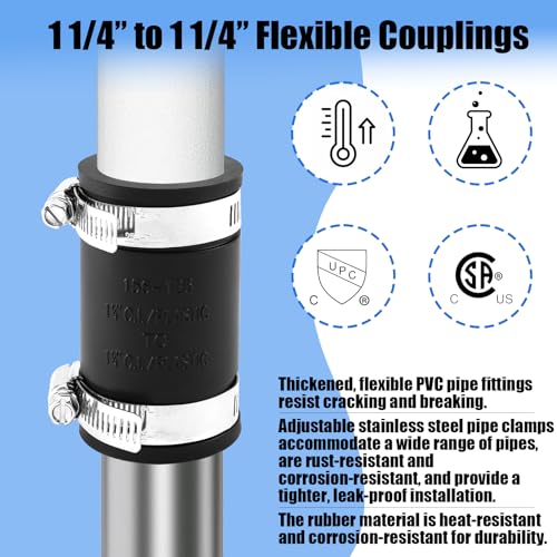 1 1/4" Flexible Pvc Pipe Coupling with Stainless Steel Clamp, Flexible Fitting for Connecting Cast Iron, Plastic and Copper Pipes, for Sewer and Drain Connections(Black) - size: 1 1/4"