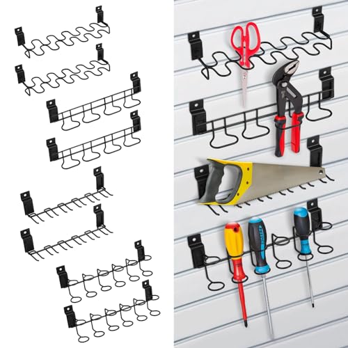 8 Pcs Slatwall Screwdriver Holders Stainless Steel Slat Wall Hooks Slat Boards Organizer Shelving Display Tool Rack Multi Ring for Workbench, Garage Tool Storage