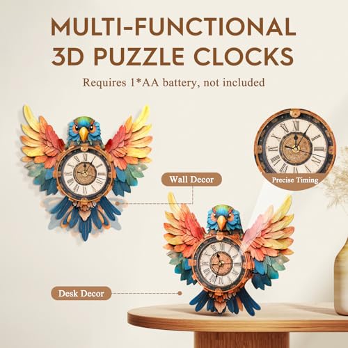 3D Wooden Puzzles for Adults-Parrot Clock Puzzle-Adult Crafts - color: Parrot Clock