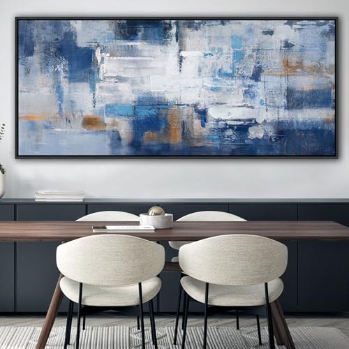 KLAKLA Extra Large Wall Art 86x29 Inches - Abstract Huge Canvas Picture Wall Decor Living Room Oversized Artwork for Walls Bedroom Office Decoration Modern Frame Wall Art - color: Blue-White-Gray + Black frame, size: 86"L x 39"W
