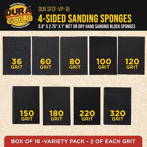 Dura-Gold 4-Sided Hand Sanding Block Sponge Variety Pack, Box of 18, Grits 36, 60, 80, 100, 120, 150, 180, 220, 320-3.9" x 2.75" x 1" Wet or Dry Flexible Sandpaper Pads Sand Wood Drywall Metal Paint - style: 18 Variety Pack