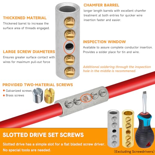 2 Gauge Wire Butt Connectors 6 PCS Tinned Brass Mechanical Butt Splice Connectors Kit 2 AWG Mechanical Repair Splice Kit Splice Screw Sleeves 6 PCS Mechanical Splices with 6 PCS 3:1 Heat Shrink Tubes - color: Tinned Brass