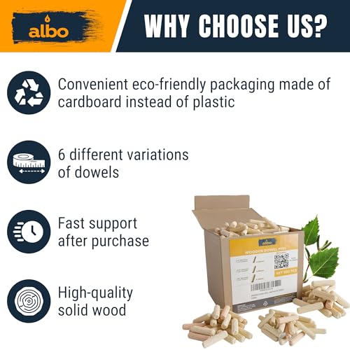 ALBO Wooden Dowel Pins 500 Pack Assorted Sizes 1/4 + 5/16 + 3/8 inch Fluted Wood Dowels Rods Hardwood Crafts Dowel Pegs - size: Set 500pcs 1/4 + 5/16 + 3/8