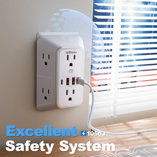 JcBlaon Surge Protector Outlet Extender 6 Outlet Extender with 4 USB Ports (PD 30W), 3 Sided 1050J Multi Plug Wall Adapter Power Strip for Home Travel Office Essentials-ETL - color: White PD30W 1PC