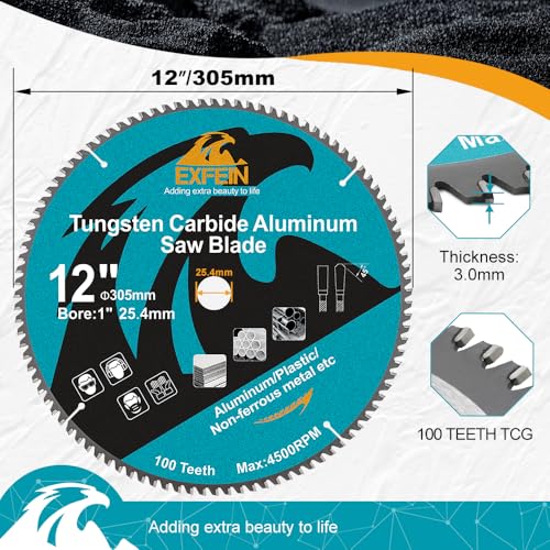 12 Inch 100 Teeth Aluminum and Non-Ferrous Metal Cutting Circular Saw Blade with 1 Inch Arbor, TCG Saw Blade for Thin Aluminum and Plastic - size: 12"