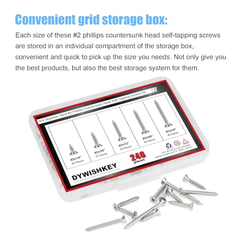 DYWISHKEY 246 Pieces Wood Screws Set - #2 x 1/4" 3/8" 1/2" 5/8" 3/4" Assorted Sizes - Screw Assortment Kit - size: #2