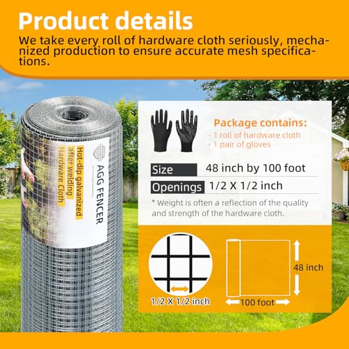 AggFencer Hardware Cloth 1/2 inch 48 x 100ft Chicken Wire Fence with Gloves - size: 1/2in 48in x 100ft+Gloves