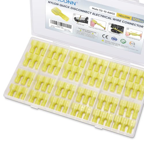 TICONN 100 Pcs Nylon Spade Connector Kit, Insulated Crimp Wire Connectors - style: Male Yellow 100 Pcs