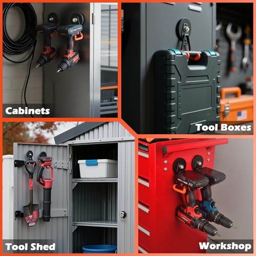 ULIBERMAGNET New Upgraded Heavy Duty Magnetic Garage Hooks,4 Pack Strong Large Magnet Hooks for Power Drill,Garden Tools,Hose,Pegboard,Garage, Workshop,Magnetic Storage Hook for Hanging(Orange) - style: V1 Pro 2.59INCH 4PACK Orange Medium Hooks